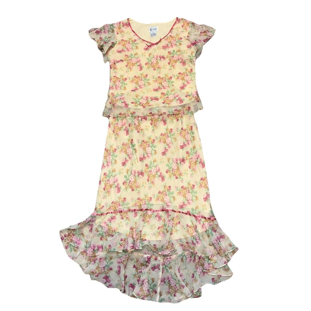 Vintage Skirt Top Women's 14 Yellow Rose Floral Ruffle Cottage Coquette 2pc Set